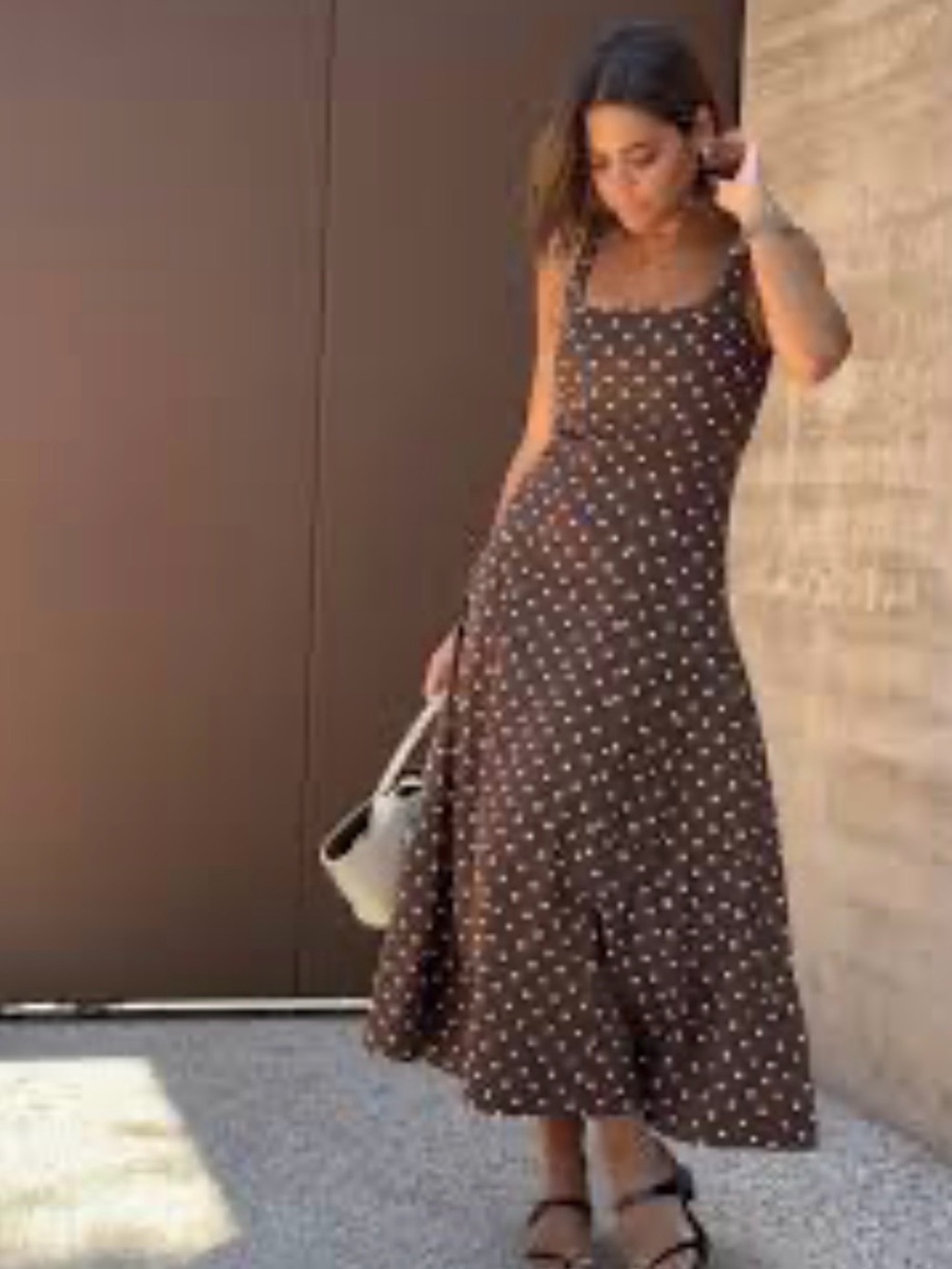 Zara Brown Polka Dot Square-Neck Midi Dress